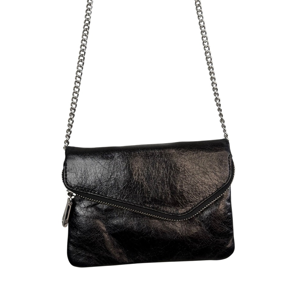 HOBO Glazed Black Leather Envelope Crossbody Clutch Silver Chain Indie Sleaze
